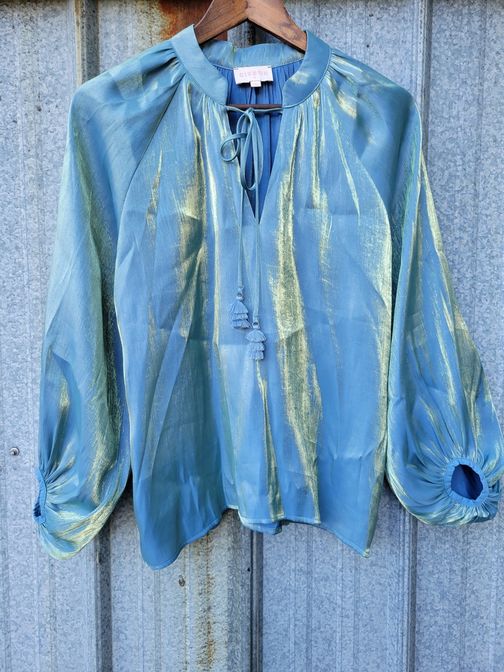 Ciebon Teal Blouse with Metallic Gold Sheen and Tassel Tie - Picture 7 of 12